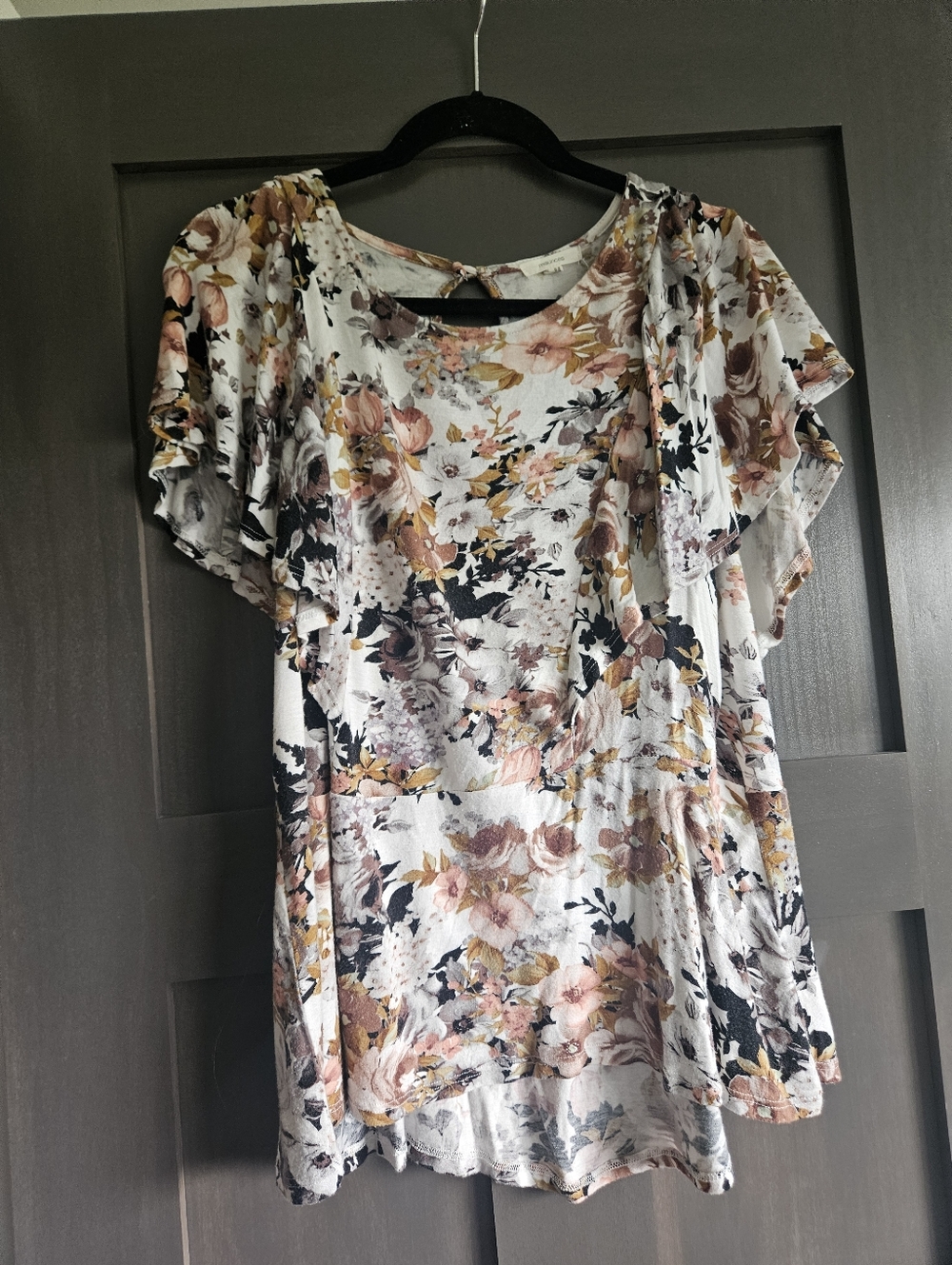 Floral Flutter Sleeve Top - White with Pink & Mustard